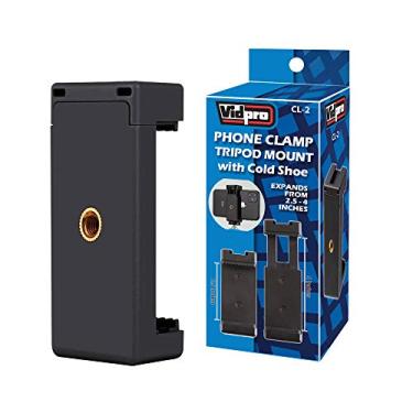 Imagem de Braçadeira para smartphone Vidpro CL-2 montável em tripé com suporte de sapato frio. O soquete de 1/4 a 20 se fixa a tripés, monopés, braçadeira de mola aceita telefones de até 4 polegadas de largura. Luzes de montagem, microfones.