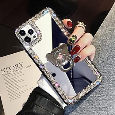 Imagem de LUVI Compatível com iPhone 15 Pro, capa espelhada com anel, lindo suporte de strass de diamante, suporte de dedo, suporte de suporte, capa moderna de luxo para mulheres e meninas, prata