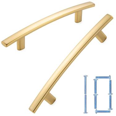 Imagem de KOOFIZO Puxador curvo para armário de bar – Puxador de arco de móveis de ouro escovado, espaçamento de parafuso de 96 mm, pacote com 10 para porta de armário de cozinha, gaveta de cômoda de quarto, ferragens para guarda-roupa de banheiro