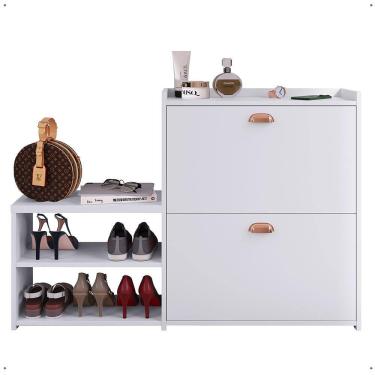 Imagem de Sapateira Vertical Milano 2 Gavetas Basculantes Prateleira Porta Calçados Banquinho Hall Entrada Canto Quarto Retrô - Branco - RPM