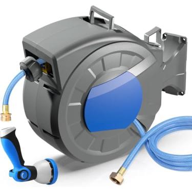 Imagem de Carretel de mangueira de jardim retrátil, 1,27 cm x 30,5 m + carretel de mangueira de água de 2 m montado na parede para exterior com bocal de 10 padrões, sistema de rebobinamento lento