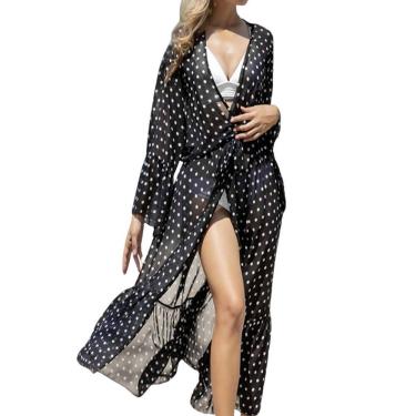 Imagem de Saída de Praia Longa com Estampa Poá preto verde rosa branco