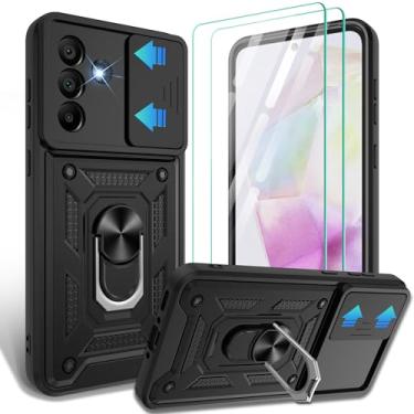 Imagem de Capa para Samsung Galaxy A56 com capa deslizante para câmera e [2 protetores de tela HD], suporte de anel de rotação de 360° [grau militar], preta