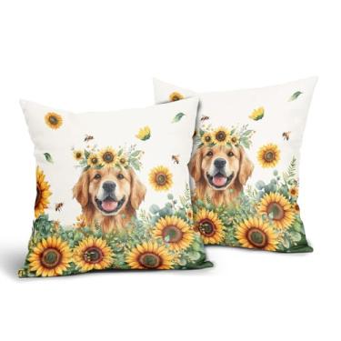 Imagem de Evlaschin Sunshine Capas de almofada para cães 45,7 x 45,7 cm, conjunto de 2 fronhas amarelas de girassol dourado para filhotes, verão, abelhas, floral, algodão, linho, sofá, pátio, quarto, cuchion,