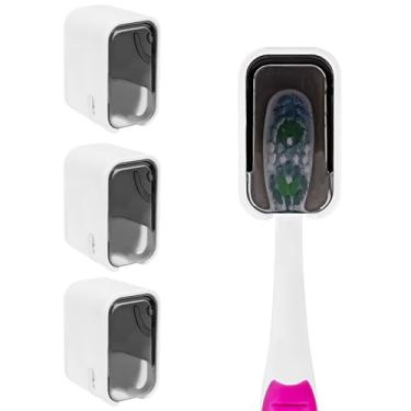 Imagem de Linkidea Pacote com 4 porta-escovas de dentes montado na parede com capa, organizador de escova de dentes suspenso compatível com Colgate Extra Clean, Oral-B CrossAction, Reach Essentials (cinza