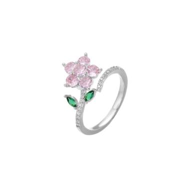 Imagem de Izpack Anel giratório de flor rosa para mulheres, cristal giratório, zircônia cúbica, folha verde, floral, ajustável, anel aberto para alívio da ansiedade, faixas de dedo, joias delicadas, presentes