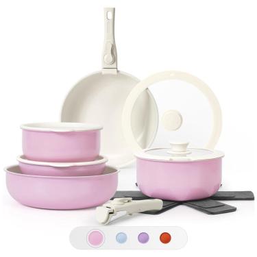 Imagem de Jogo de Panelas e Frigideiras Antiaderentes em Granito com 15 Peças e Cabo Removível, SODAY, Rosa