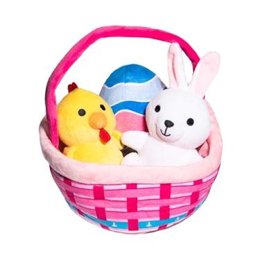 Imagem de Glow Pups Cesta de pelúcia de Páscoa, conjunto de presente com coelho, pintinho e ovo, cesta rosa com alça, brinquedos macios e fofinhos para brincadeiras temáticas de férias (4 peças)