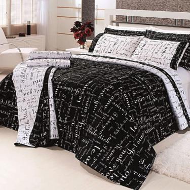 Imagem de Kit Edredom Te Amo Queen 5 Peças Dupla Face 100% Algodão Percal 150 Fios - Preto-branco
