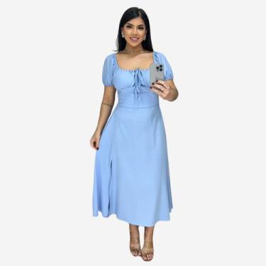 Imagem de Vestido Midi Feminino Drapeado costas Manga Princesa - ZIEM, Azul bebê