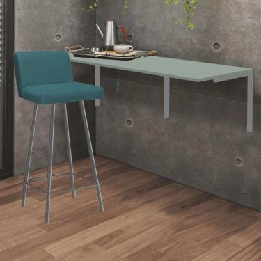 Imagem de Kit Mesa Suspensa de Parede Fixa mdf Verde Oliva + 1 Banqueta Lexi Ferro Cinza Suede Azul Turquesa - Ahazzo Móveis