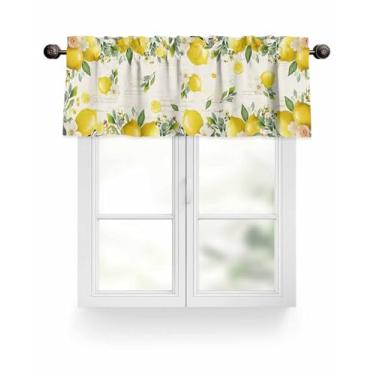 Imagem de Cortina de verão limão para cozinha, flores rústicas, folhas verdes, sanefas para janelas, cortinas curtas, bolso para varão, tratamento de janela para quarto, sala de estar, 106,7 cm L x 30,5 cm C