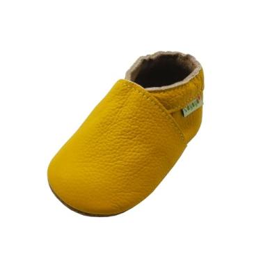 Imagem de SAYOYO Sapatos infantis de couro para bebês com sola macia Prewalkers Cinza escuro, Amarelo, 6-12 Months Infant