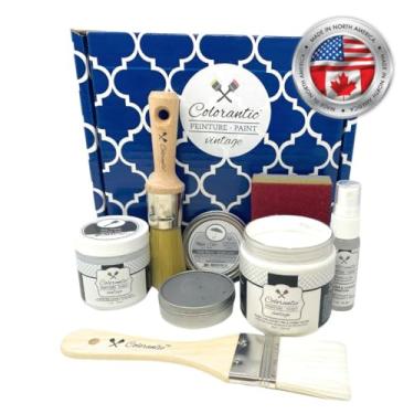 Imagem de Colorantic | Kit inicial de bola de algodão branca de tinta de giz para móveis pincéis redondos de verniz de cera DIY | Projetos de artesanato de pintura decorativa para móveis - Kit de pintura para