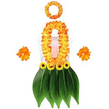Imagem de 6 Pcs Hawaiian Woman Costume Include Hula Skirt Crop Top Hawaiian Flower Leis Necklace Bracelet for Halloween Women Cosplay (White, Colorful Flowers, Medium)