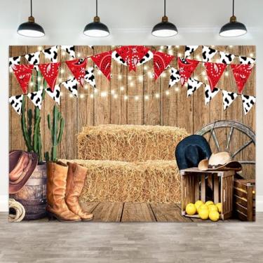 Imagem de ASDCXZ 2,7 x 1,8 m pano de fundo de cowboy ocidental rústico placa de madeira fotografia fundo selvagem oeste rodeio cacto palheiro bota chapéu meninos aniversários festa banner decorações chá de bebê