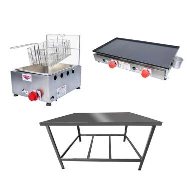 Imagem de Kit Lanchonete Mesa De Manipulação 100x55cm + Fritadeira A Gás 1 Cuba + Chapa A Gás 60cm Alcamar