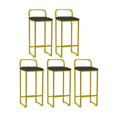 Imagem de Kit 05 Banqueta Alta Luffi Com Encosto Cozinha Bar Balcão Bistrô Ferro Dourado Corino Cinza