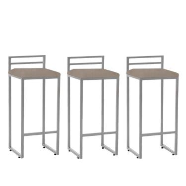 Imagem de Kit 03 Banqueta Alta Com Encosto Petra Balcão Bar Cozinha Bistrô Ferro Cinza Sintético Bege
