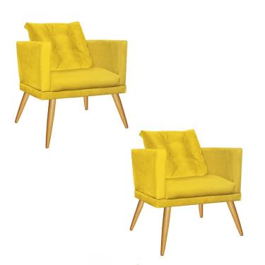 Imagem de Kit 02 Poltrona Cadeira Kim Luxo Confort Com Almofada Solta Pé Rústico Corino Amarelo - Amey Decor