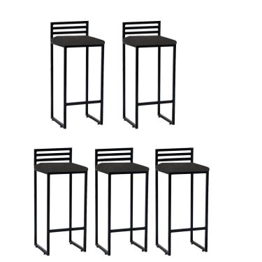 Imagem de Kit 05 Banqueta Alta Com Encosto Núria Balcão Bar Cozinha Bistrô Ferro Preto Corino Cinza