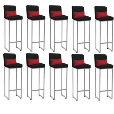 Imagem de Kit 10 Banqueta Alta Com Encosto Balcão Ferro Prata Suede Preto E Almofada Vermelho