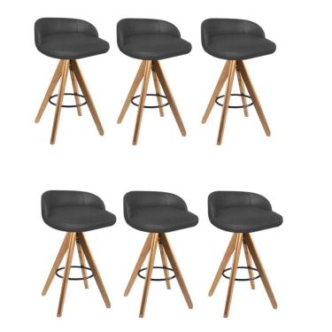 Imagem de Kit 06 Banqueta Alta Com Encosto Bali Base Giratória Madeira Linho Cinza Chumbo - Amey Decor