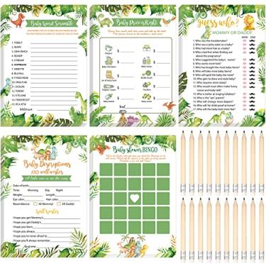 Imagem de 145 peças de jogos de chá de bebê para meninos ou meninas, 5 cartas de atividades de jogos com 20 lápis, incluindo bingo de bebê, descrição e bons desejos, adivinhe quem, o preço do bebê está certo, jogo de palavras (dinossauro)