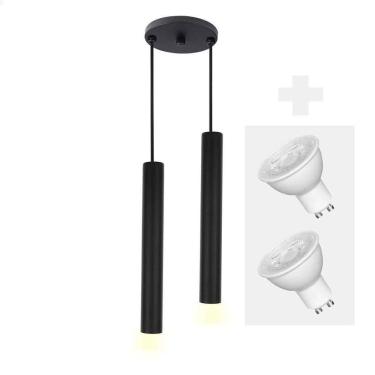 Imagem de Pendente Duplo Tubo Palito Moderno 30cm Preto + Led 4w