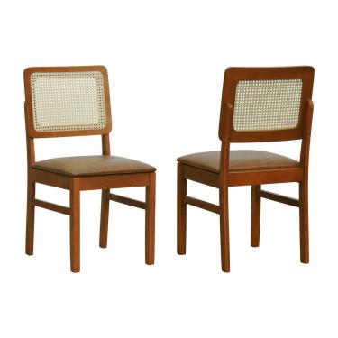 Imagem de Kit 2 Cadeiras Madeira Maciça Lyon Encosto Telinha Natural - Amêndoa Assento Estofado Corano Marrom Mescla