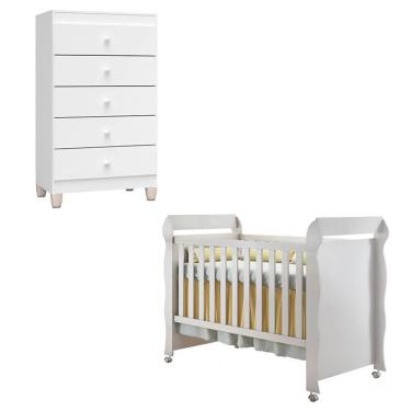 Imagem de Kit Berço Americano Mirelle e Cômoda Gaveteiro Ternura Baby 5 Gavetas MDF MDP 154 cm Branco Incorplac Móveis