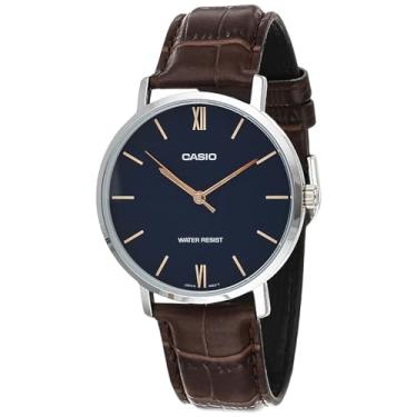 Imagem de Relógio analógico Casio MTP-VT01L-2B masculino azul minimalista pulseira de couro marrom