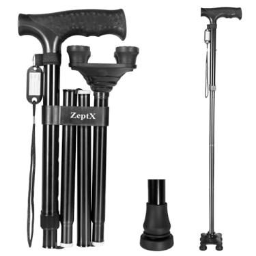Imagem de ZeptX Bengala Quádrupla Dobrável Para Homens E Mulheres, Ultraleve, Resistente, Com Altura Ajustável Pontas De Borracha Antiderrapantes, Bengalas Dobráveis Idosos Adultos [Preta]