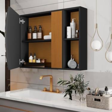 Imagem de Armário de parede de banheiro moderno com espelhos e prateleiras design de economia de espaço de armazenamento elegante(Preto Flex)