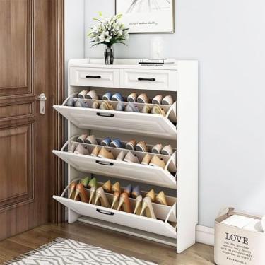 Imagem de Armário Com 3 Portas 2 Gavetas Para Entrada, Branco Estreito Organizador De Armazenamento De Sapatos Flip Down Rack De Madeira Corredor Sala De Estar Casa Apartamento, White, 95X24X120CM