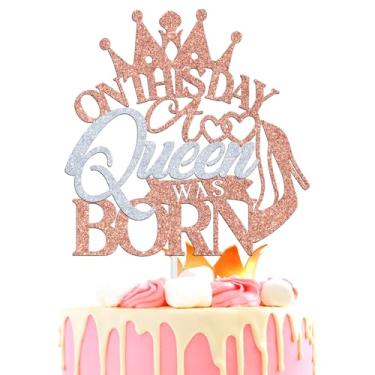 Imagem de On this Day a Queen was Born Cake Topper, Happy Birthday Cake Decor for Girl/Women, Birthday Gift for Mother/Wife, Newborn Announcement/Gender Reaveal/Baby Shower Party Decoration Supplies