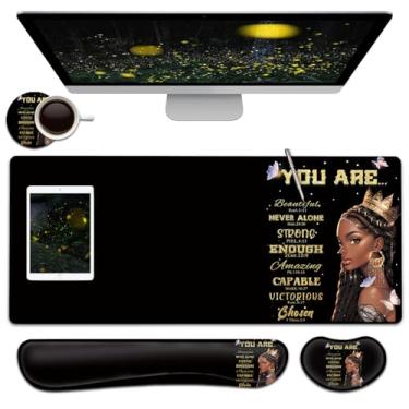 Imagem de Conjunto grande de mouse pad + descanso de pulso com teclado, mousepad estendido para jogos (31,5 x 11,20 cm), suporte ergonômico para descanso de pulso de espuma de memória, mulheres afro-americanas
