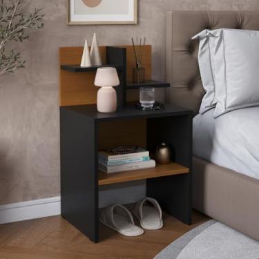 Imagem de Mesa de Cabeceira Moderna com Nichos, Preto/Nature, 67x40x33cm, 4 Prateleiras, para Quarto
