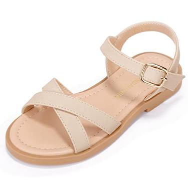 Imagem de PANDANINJIA Sandálias Elva Girls, Bico Aberto, Lindas Sandálias Rasteiras, Tiras Cruzadas, Sapatos De Verão Para Bebês/Crianças Pequenas/Crianças Grandes (Nubuck Nude, 4 M Eua, Criança Grande)