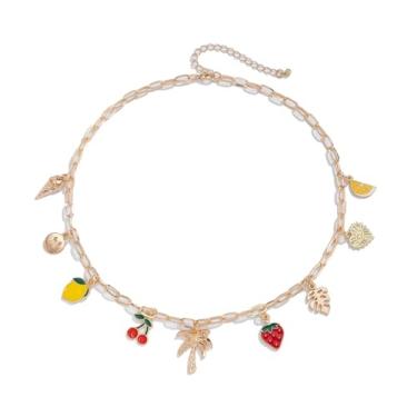 Imagem de PINK TOWN Colar de ouro Vintgae para mulheres, boho Havaí cerejeira/sol/limão/pimenta/morango, gargantilha fofa de verão para praia, joia Y2K, Large, Liga de aço, Sem Pedra Preciosa
