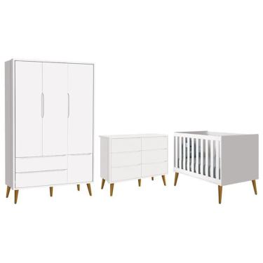 Imagem de Dormitório Completo Infantil Theo 3 Portas, Cômoda 6 Gavetas e Berço com Pés Amadeirado - Reller Móveis Branco Fosco