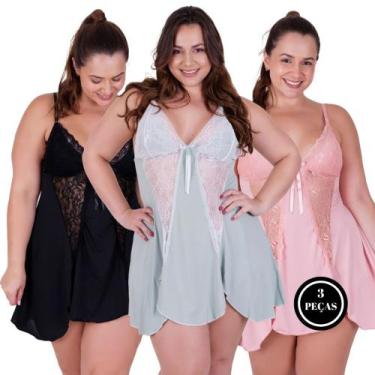 Imagem de Kit 3 Camisola Plus Size Fenda Detalhe Renda - c2 KIT 3 BIA PRETO VERD