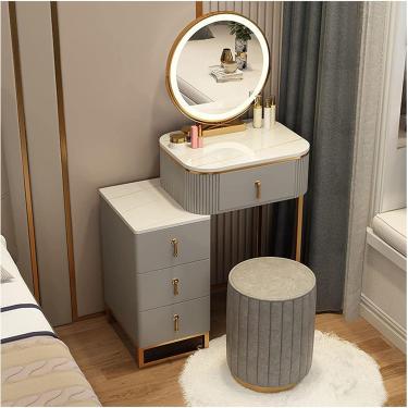 Imagem de Conjuntos De Mesa De Vaidade Pequena Com Banquinho, Mesa De Vaidade Com Espelho Led E Gavetas, Mesa De Maquiagem Com Armário De Armazenamento, Mesa De Maquiagem Com Mesa De Cabeceira