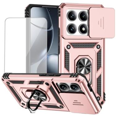 Imagem de Yodueiv Capa para Xiaomi 14T Pro com protetor de tela de vidro temperado e capa de câmera deslizante, anel magnético suporte para carro capa protetora para Xiaomi 14T Pro 5G ouro rosa