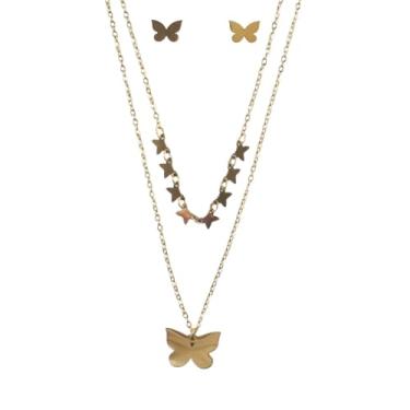 Imagem de Conjunto Colar Feminino Duplo e Brinco Borboleta em Aço Inox Minimalista Antialérgico e Resistente ao Desgaste (Dourado)