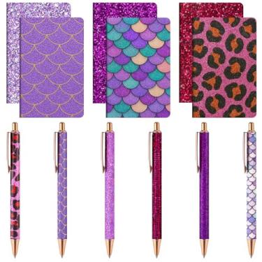 Imagem de MotiMind 12 conjuntos de canetas e blocos de notas chiques, 6 mini cadernos de bolso com glitter, 6 lindas canetas brilhantes com glitter para meninas, mulheres, escritório, escola, Natal, formatura