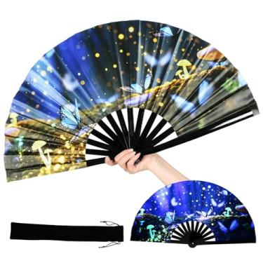 Imagem de INNOLIFE Grande ventilador de mão dobrável, ventilador de brilho UV, ventilador de mão de bambu para dança (borboletas)