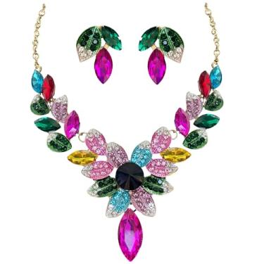 Imagem de MMonesu Conjunto de joias femininas com strass, forma de folha de cristal, gargantilha, colar de lágrima, conjunto de brincos pendentes para festa de formatura de casamento, Large, Zinco, Zircão