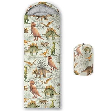 Imagem de QOOMO Sacos de dormir à prova d'água de dinossauro para adultos e crianças, sacos de dormir impressos para acampamento, clima quente e frio, leve, viagem e ao ar livre, equipamentos de acampamento