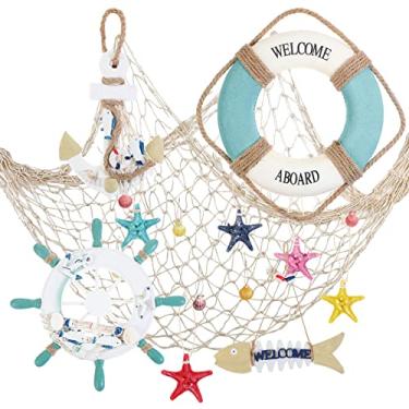 Imagem de 11 peças de decoração de parede náutica de madeira para decoração de rede de pesca, inclui rede de pesca decorativa, roda de navio, esqueleto de peixe, anel de vida, âncora, decoração de praia de estrela do mar para festa mediterrânea (cor de madeira)